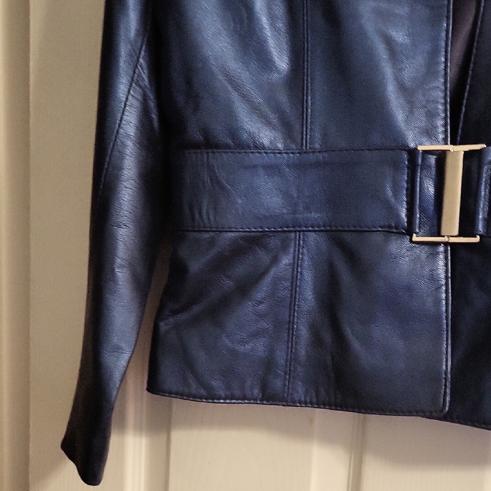Women's Blue Leather Jacket - Picture 6 of 9